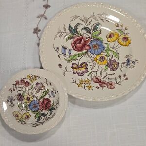 Vernon Kilns Handpainted‎ May Flower Plate Bowl Set Fairy Cottage Grandma Chic